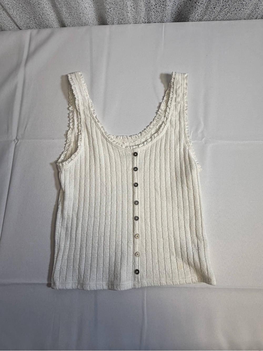 American Eagle Outfitters White Ribbed Button-Front Lace-Trim Tank